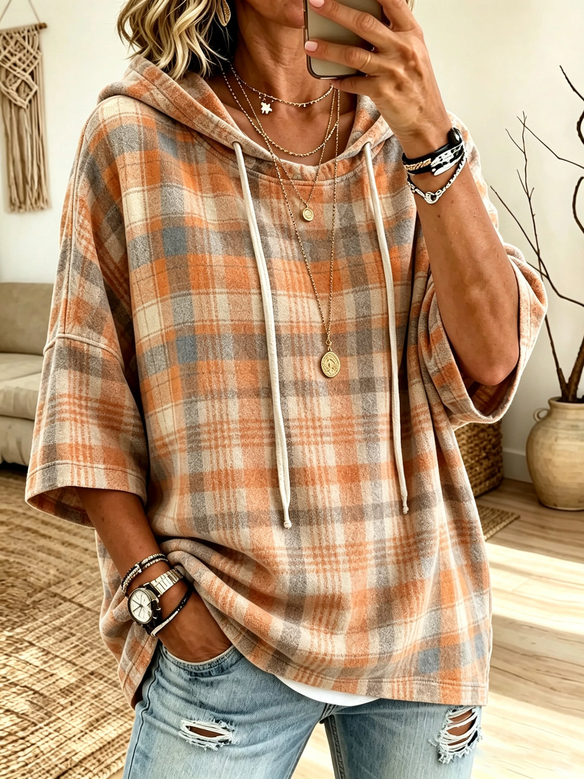 Women's Plaid Short Sleeve Drawstring Hoodie