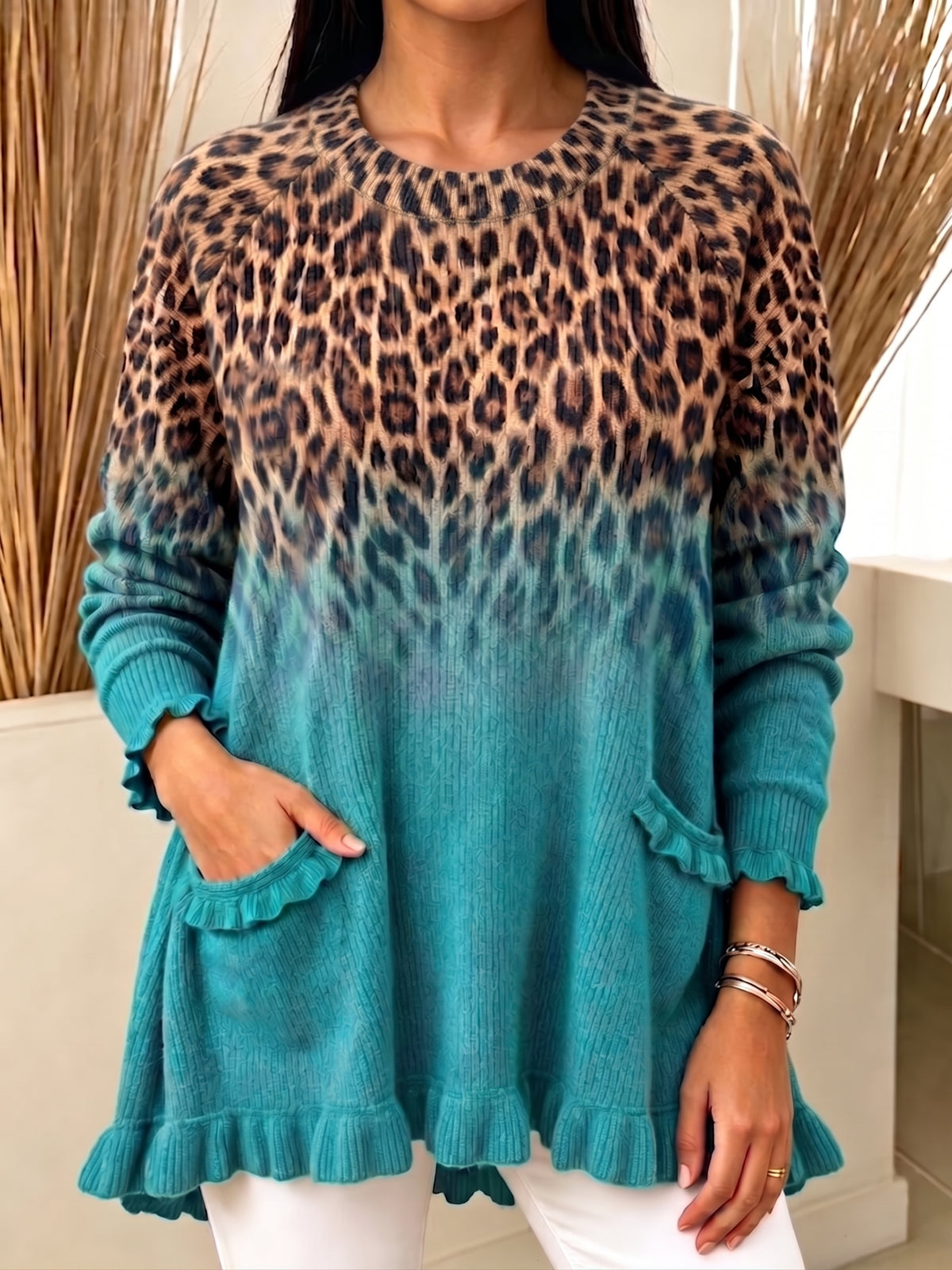 Women Leopard Ombre Gradient Knit Tunic Sweater Long Sleeve Ruffle Hem Top With Pockets