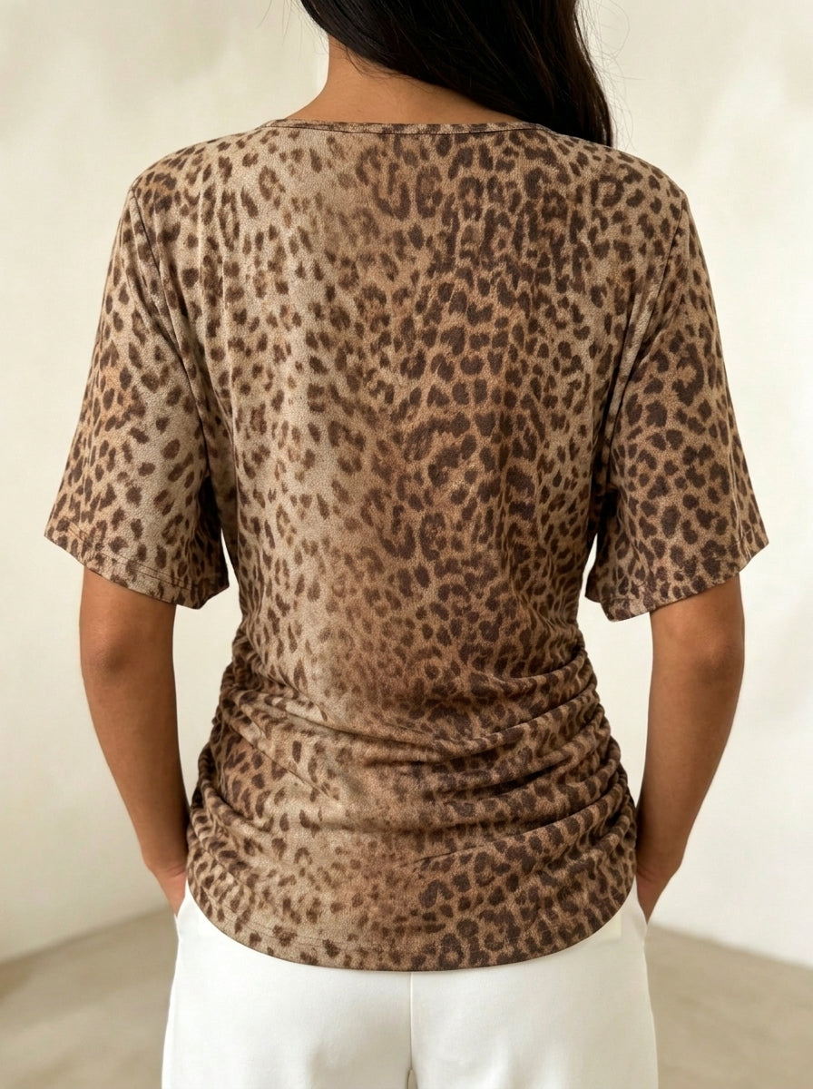 Women Leopard Print Wrap Top Pearl Chain Neck Short Sleeve Ruched Casual Blouse