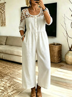 Women's Solid Hollow Spliced Wide Leg Jumpsuit