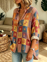 Women's Celestial Music Patchwork Print Button-Down Shirt