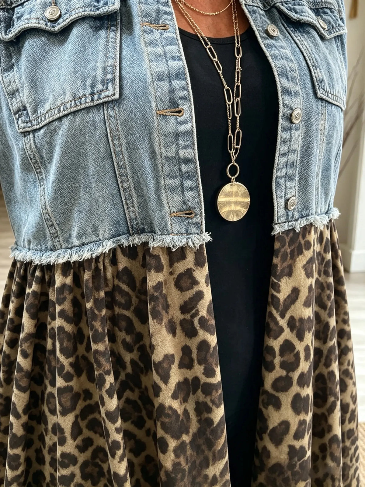 Women's Leopard Patchwork Denim Cardigan
