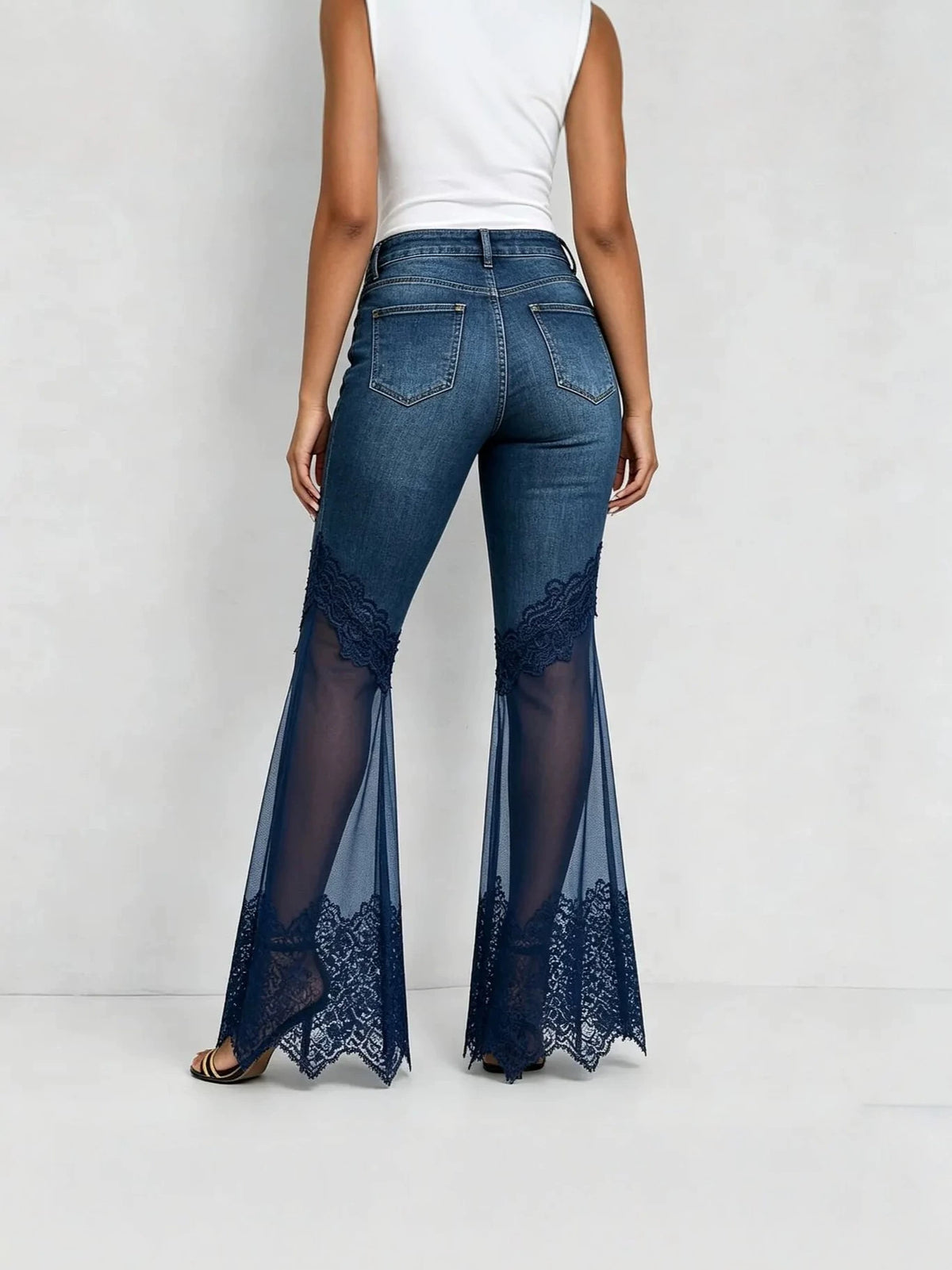 Women High Waist Button Fly Lace Mesh Spliced Flare Jeans