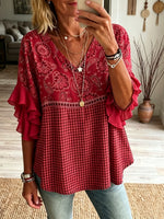 Women’s Red Paisley Plaid Patchwork Ruffle Top