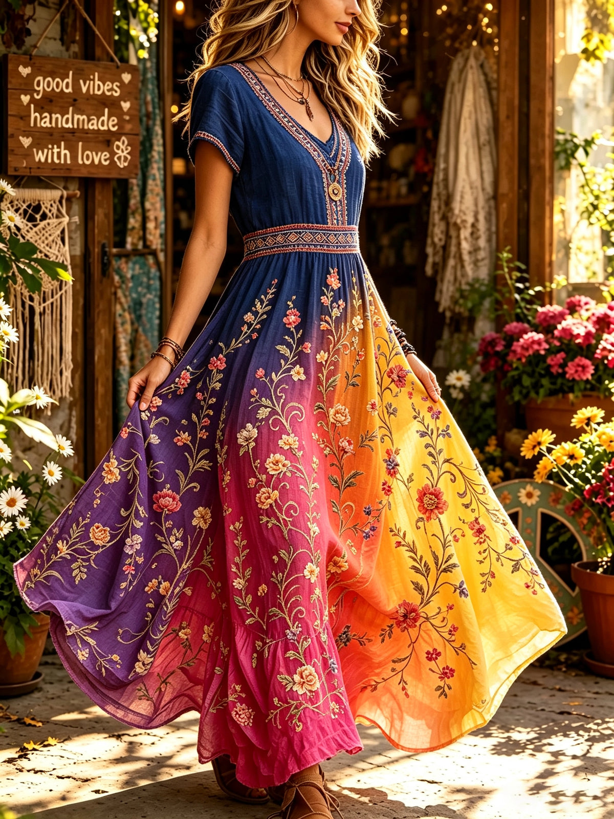 Women's Ombre Floral Vine Print Maxi Dress