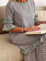 Green Trim Stripe Flounce Sleeve Pocket Midi Dress