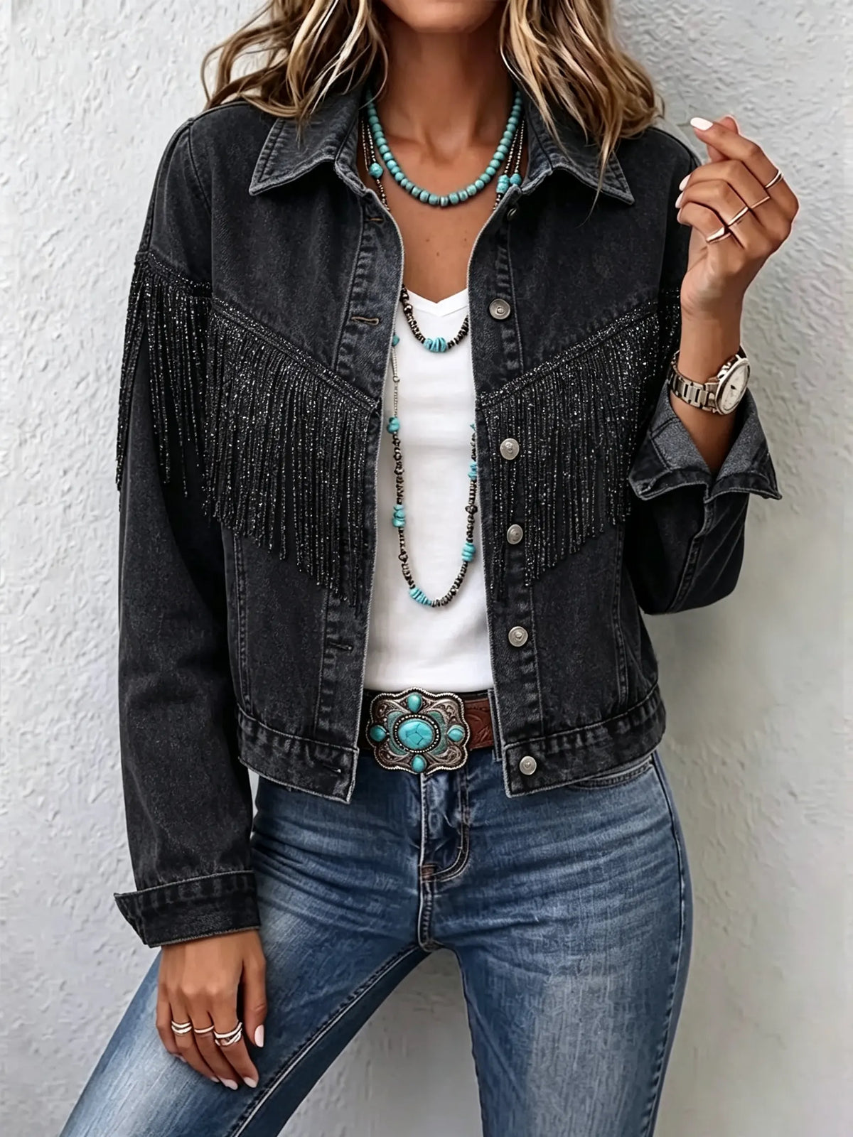 Women's Solid Fringe Cropped Denim Jacket