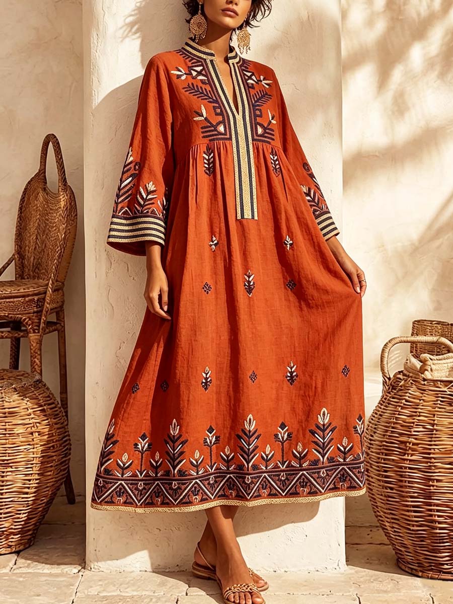 Retro Ethnic Pattern Art Print Casual Stand Collar Cotton Linen Maxi Dress