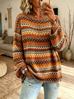 Women Ethnic Geometric Stripe Crew Neck Loose Long Sleeve Knit Sweater