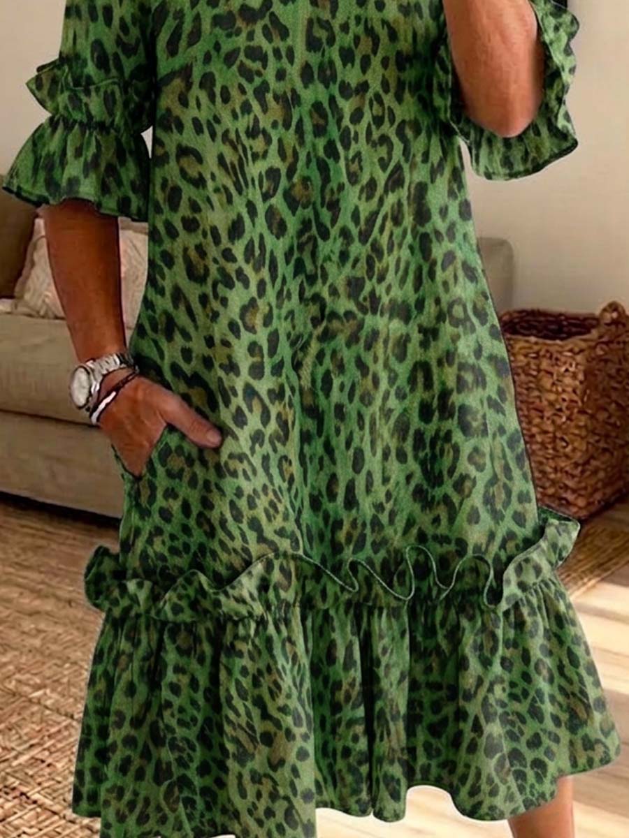 Retro Leopard Pattern Art Print Casual Ruffle Stylish Cotton Linen Dress