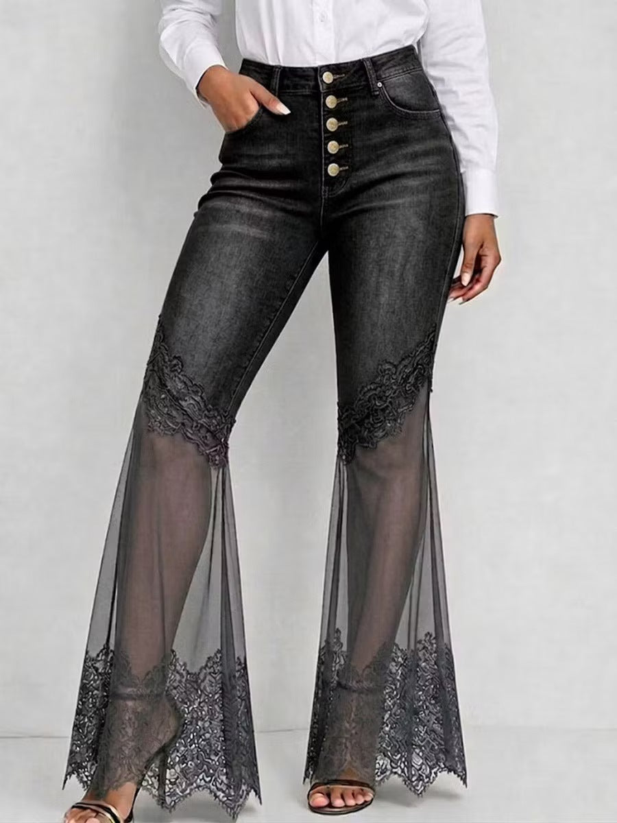 Women High Waist Button Fly Lace Mesh Spliced Flare Jeans