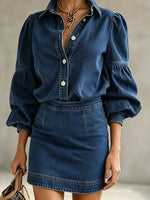 Women's Solid Color Washed Denim Puff Sleeve Shirt