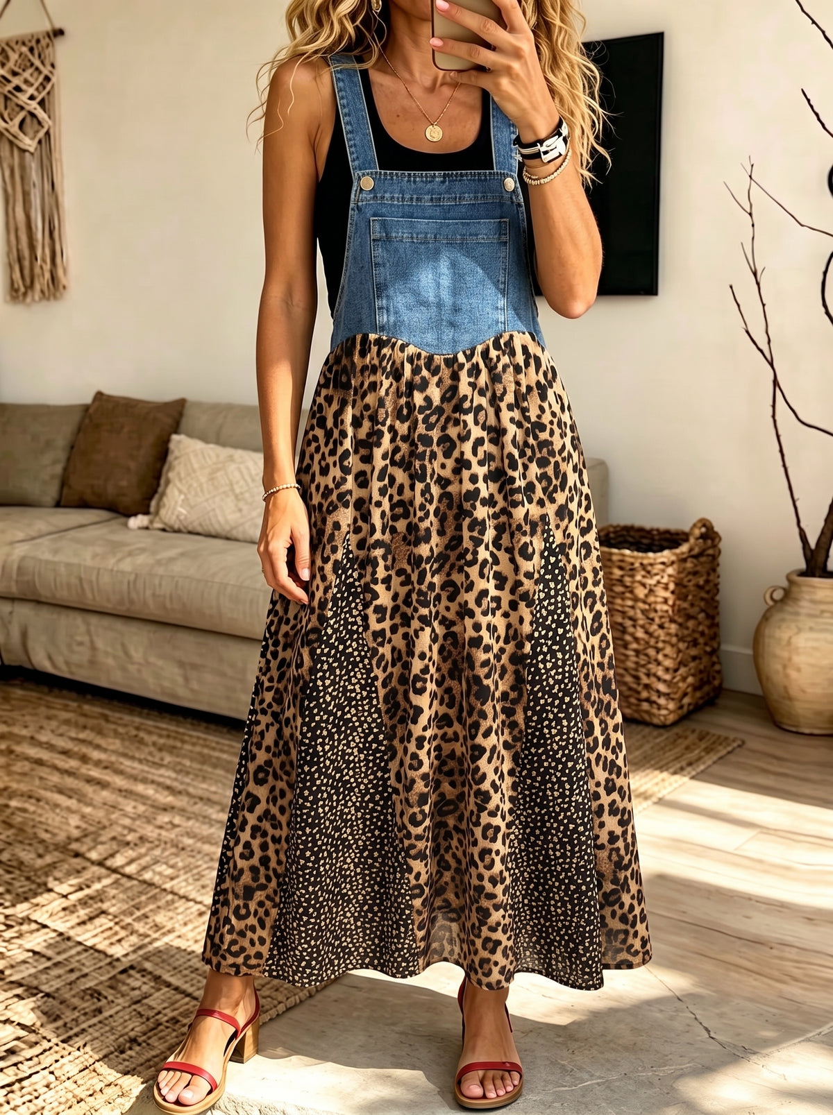 Women Denim Leopard Patchwork Overall Maxi Dress Sleeveless Boho Suspender Dress