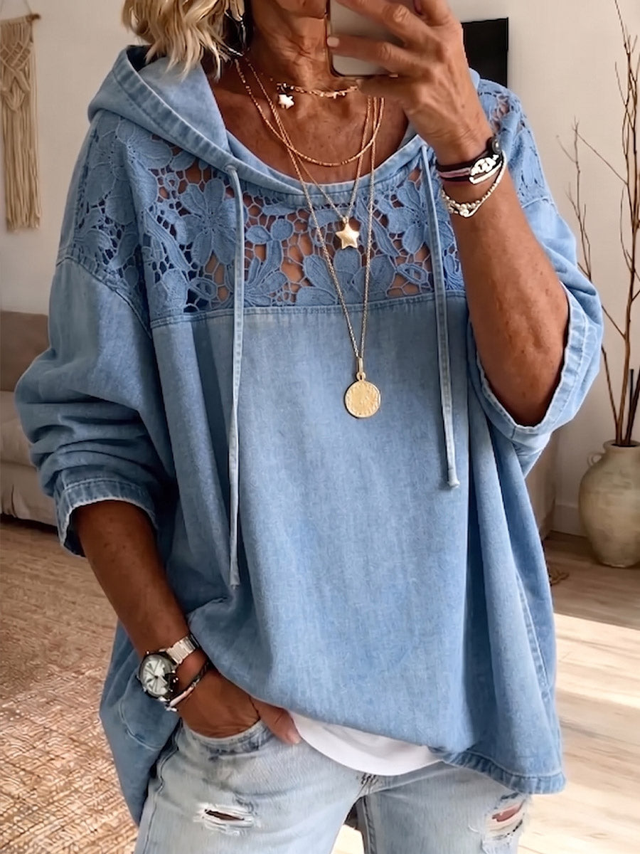 Vintage Elegant Openwork Lace Patchwork Denim Hood Shirt