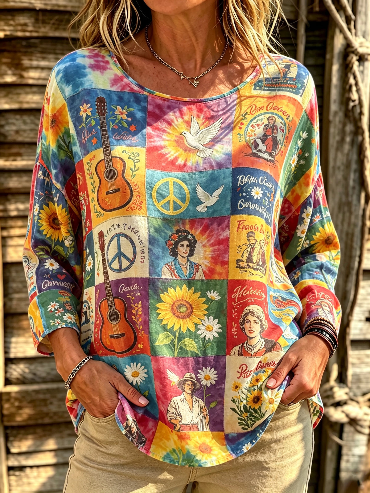 Women's Guitar Peace Patchwork Print Blouse