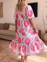 Women's Ruffle Neck Puff Sleeve Pink Floral Tiered Midi Dress With Pockets