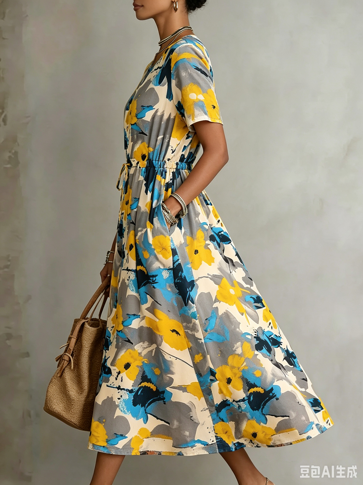 Women's Abstract Floral Print Short Sleeve Drawstring Waist Pocket Midi Dress