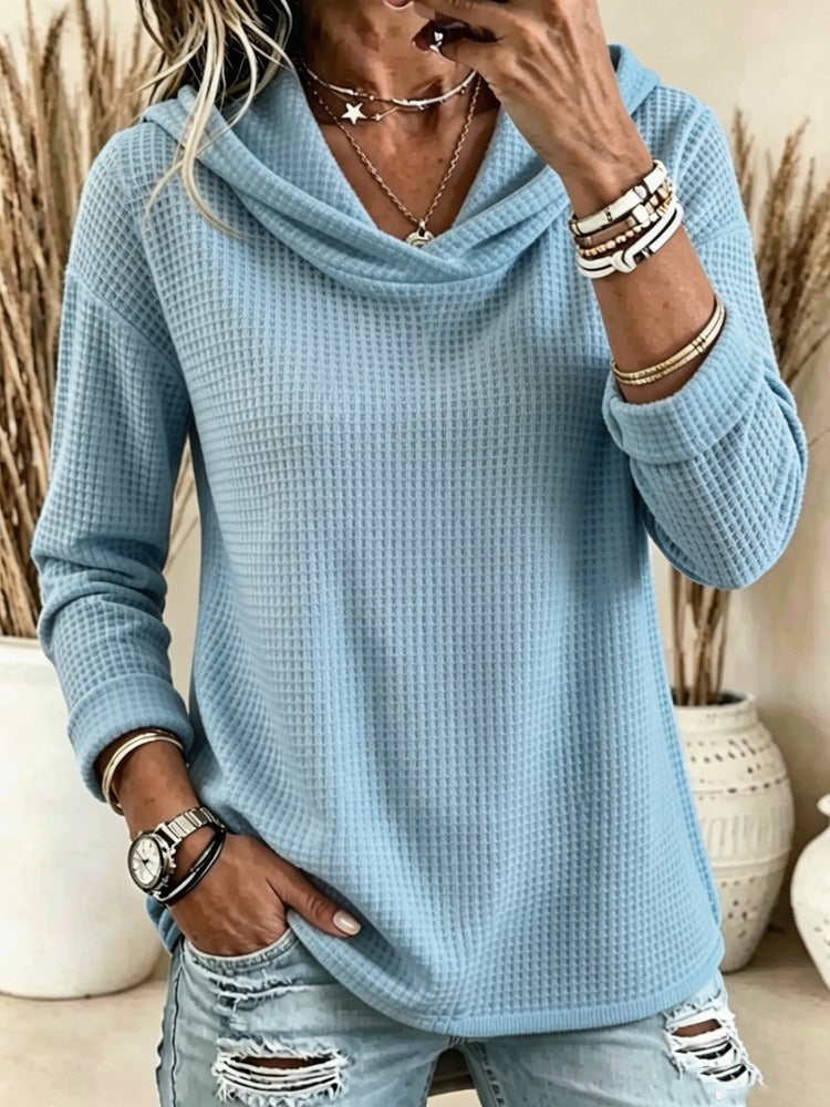 Women's Waffle Knit Cowl Neck Hoodie Top