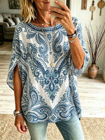 Women Blue White Paisley Round Neck Split Tunic Top