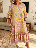 Women's Vintage Floral Print Ruffle Midi Dress