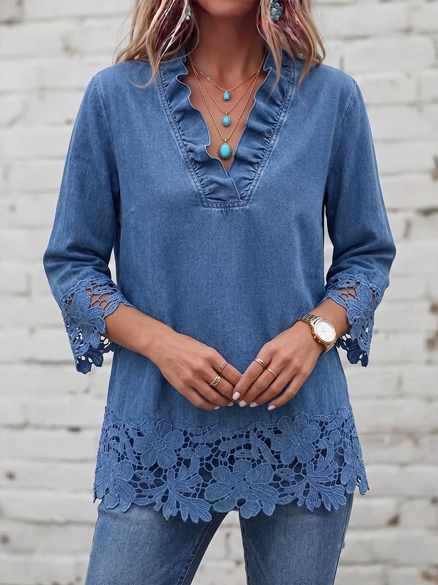 Vintage Elegant Denim Patchwork Hollowed Out Lace Shirt