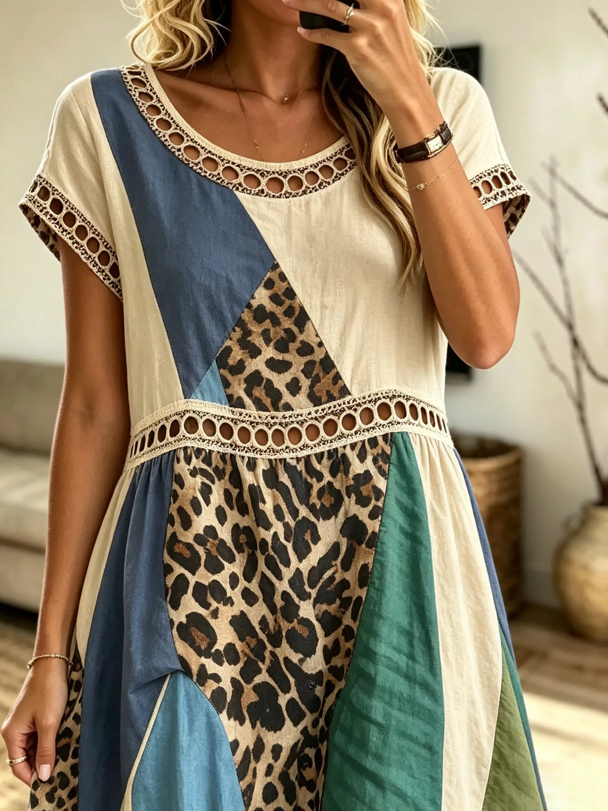 Women's Leopard Geometric Color Block Patchwork Hollow Short Sleeve Midi Dress