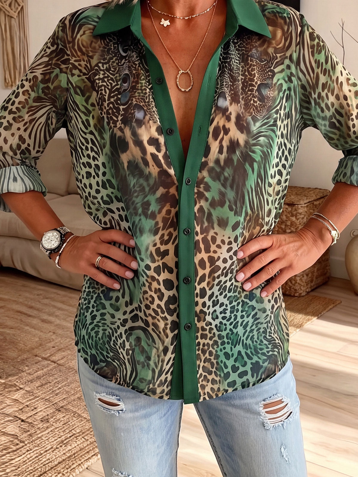 Women’s Contrast Trim Mixed Animal Print Loose Button Down Shirt