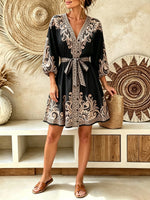 Women's Vintage Paisley Floral Print V-Neck Waisted Mini Dress