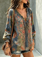 Women's Vintage Rose Floral Print Tie-Neck Blouse
