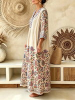 Women Vintage Floral Border Print V-Neck Loose Maxi Dress