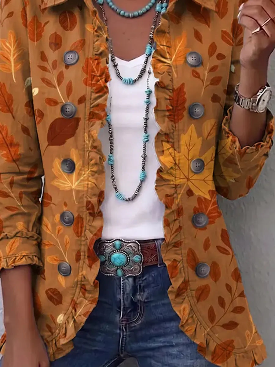 Retro Autumn Leaf Pattern Art Print Ruffle Casual Stylish Cotton Lapel Coat