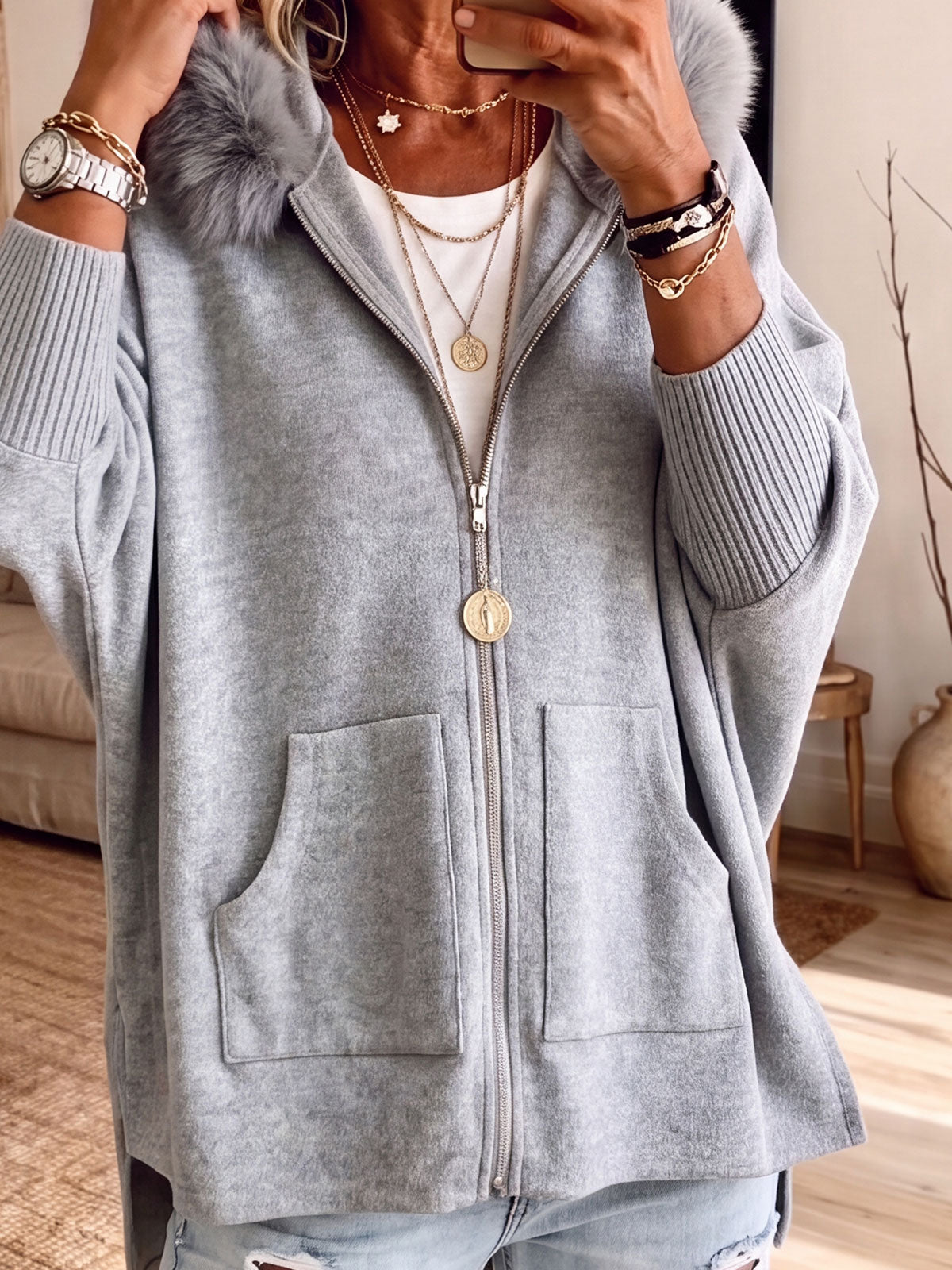 Faux Fur Hood Zip Up Oversized Batwing Sleeve Jacket