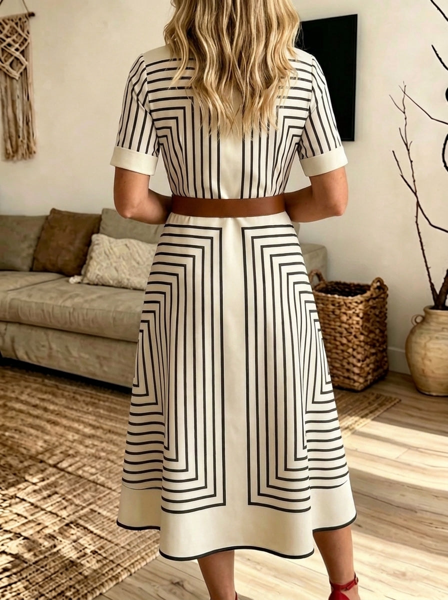 Women's Geometric Stripe Shirt Midi Dress With Belt And Pockets