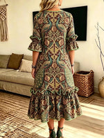 Retro Floral Peacock Pattern Art Print Casual Ruffle Stylish Cotton Linen Dress