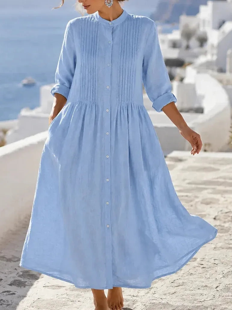 Women's Pleated Band Collar Shirt Dress