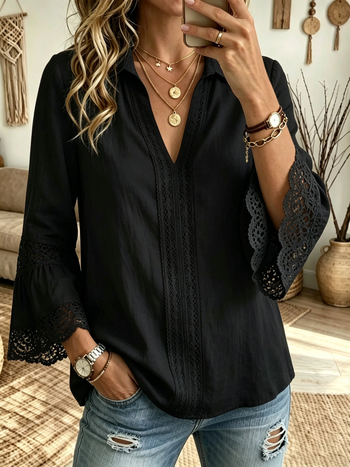 Women's Openwork Crochet 3/4 Bell Sleeve Blouse