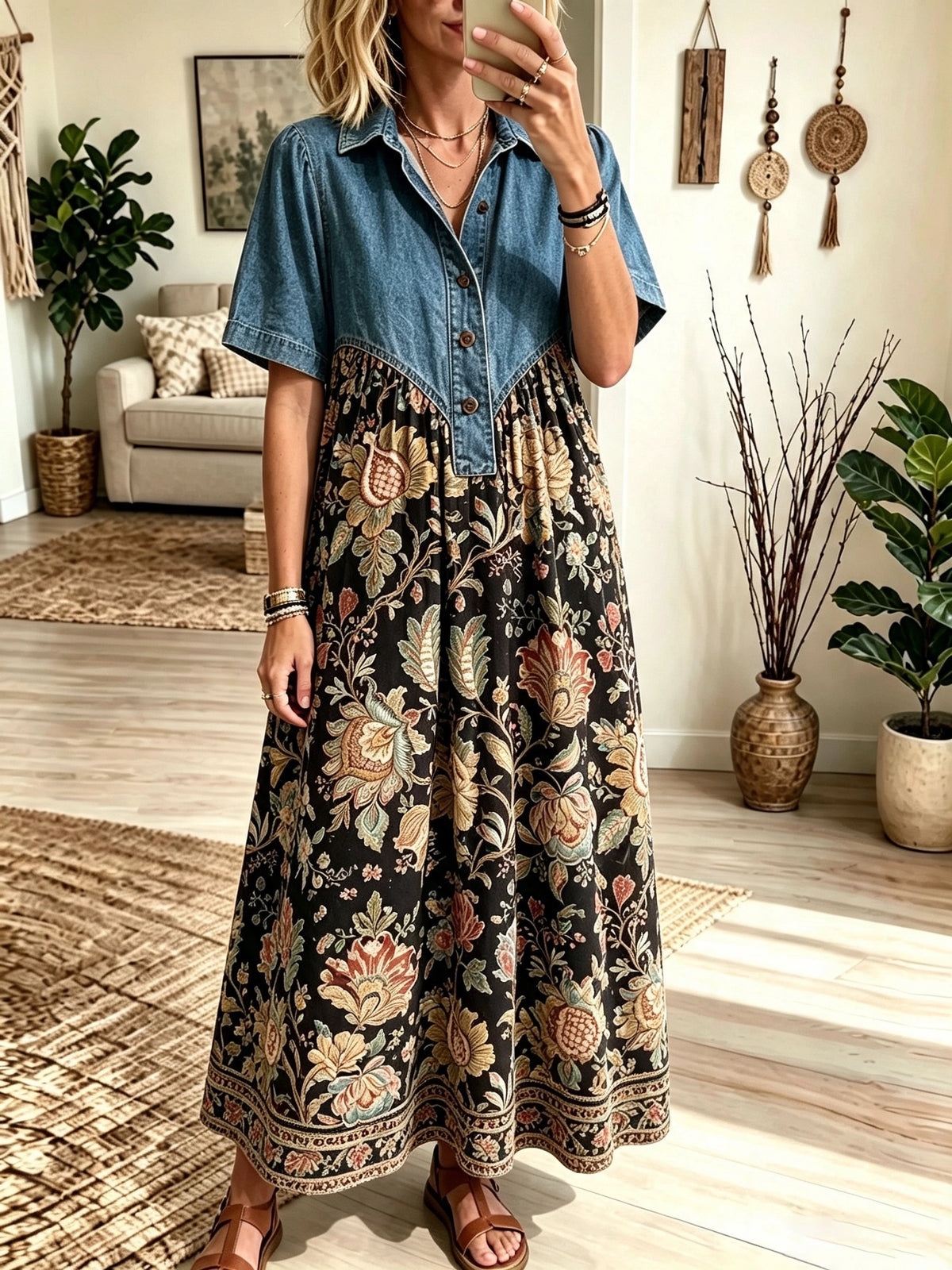 Women's Denim Yoke Floral Maxi Dress