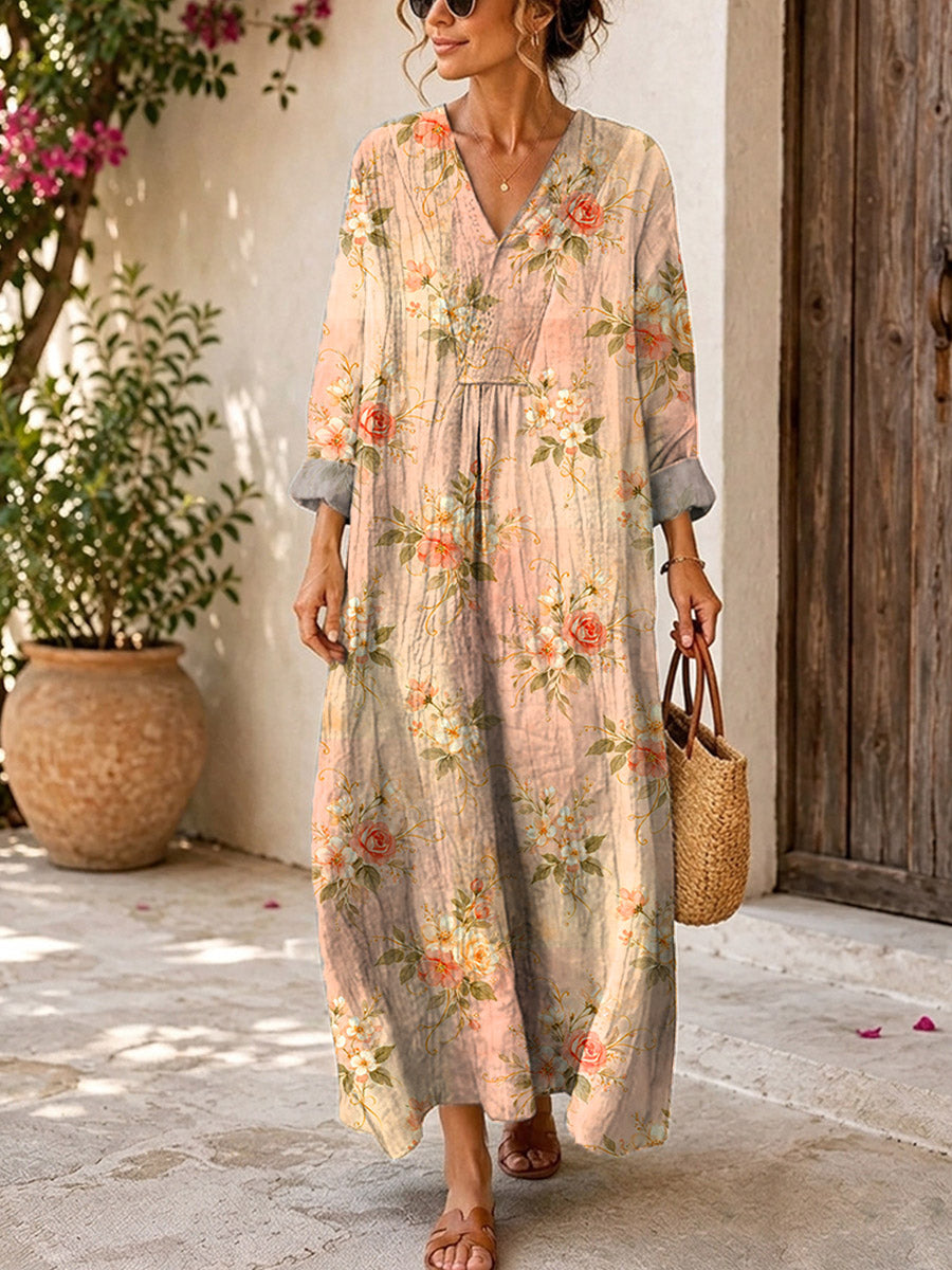 Retro Floral Pattern Art Print Casual V-neck Long Sleeve Cotton Linen Maxi Dress