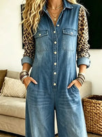 Retro Leopard Pattern Patchwork Art Stylish Lapel Long Sleeve Denim Jumpsuit
