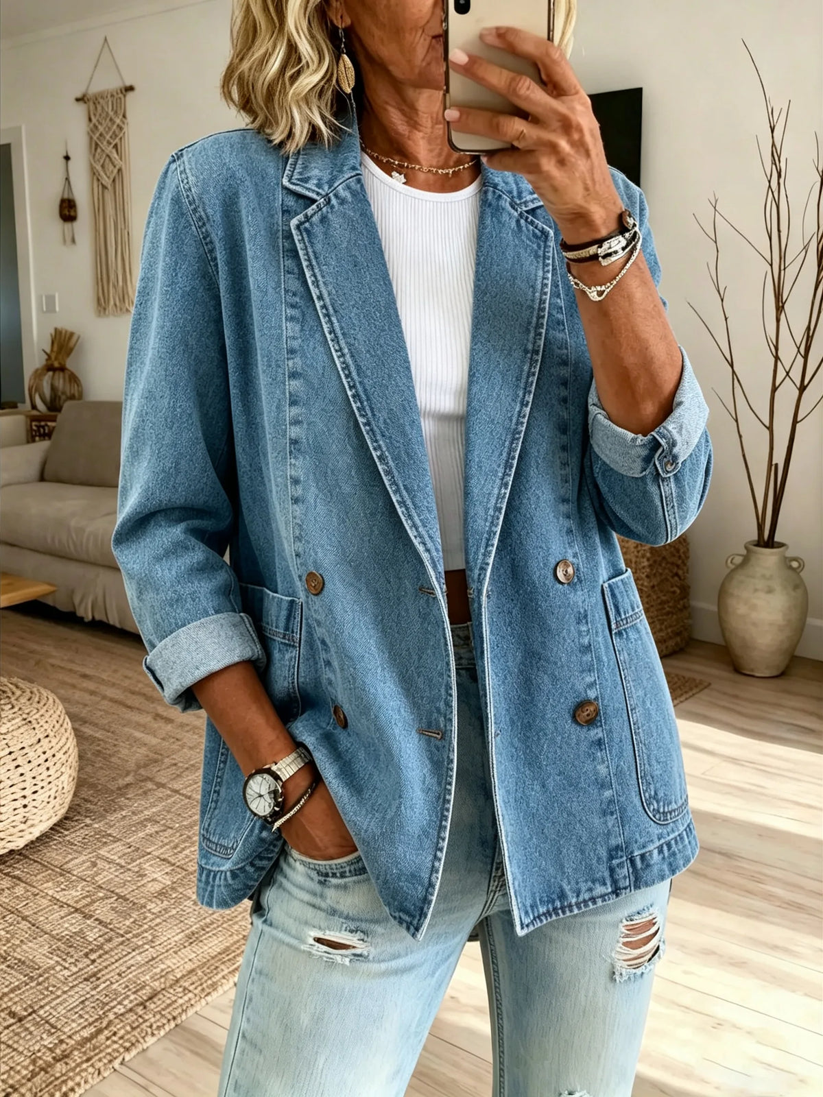 Women's Solid Wash Denim Blazer Jacket