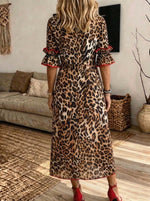 Women Contrast Red Trim Leopard Print Split Shirt Midi Dress