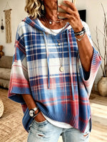 Women's Red-Blue Gradient Plaid Short Sleeve Hooded Knit Top