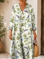 Retro Floral Pattern Art Print Casual V-neck Long Sleeve Cotton Linen Maxi Dress