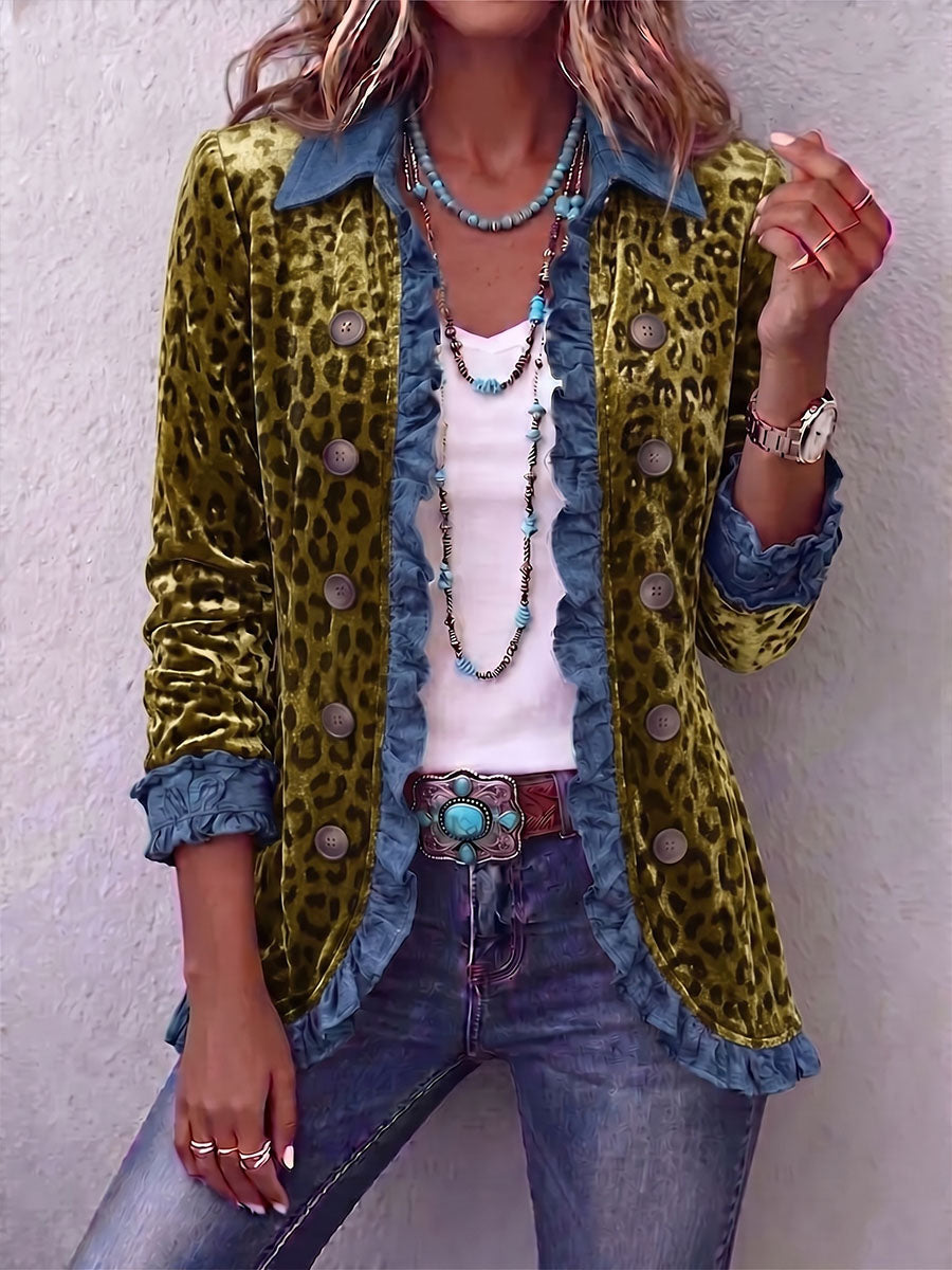 Vintage Elegant Velvet Patchwork Denim Ruffled Jacket
