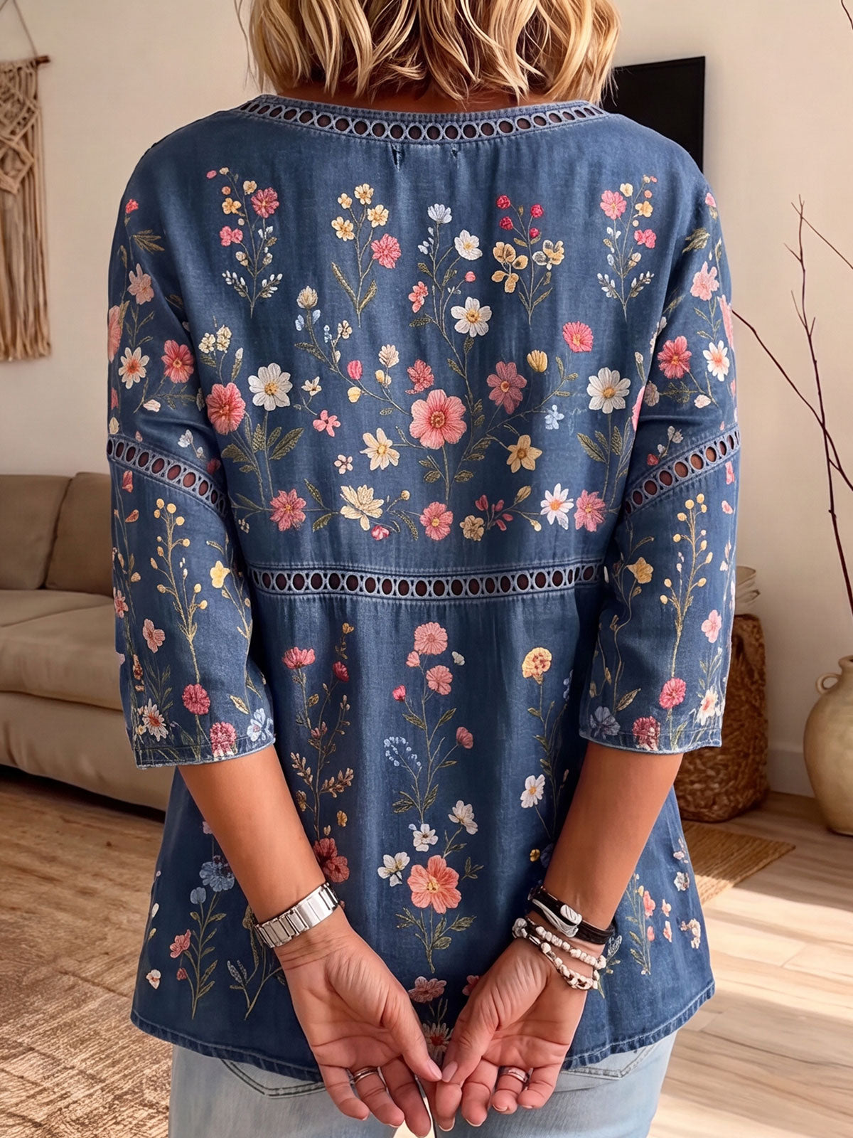 Women's Hollow Lace Spliced Multicolor Floral 3/4 Sleeve Denim Blouse