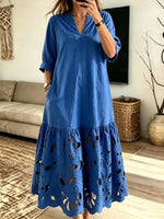 Women's Solid Hollow Out Art V-Neck Loose Maxi Dress