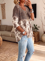 Women's Hollow Lace Spliced Leopard Floral Two-Tone 3/4 Sleeve Blouse