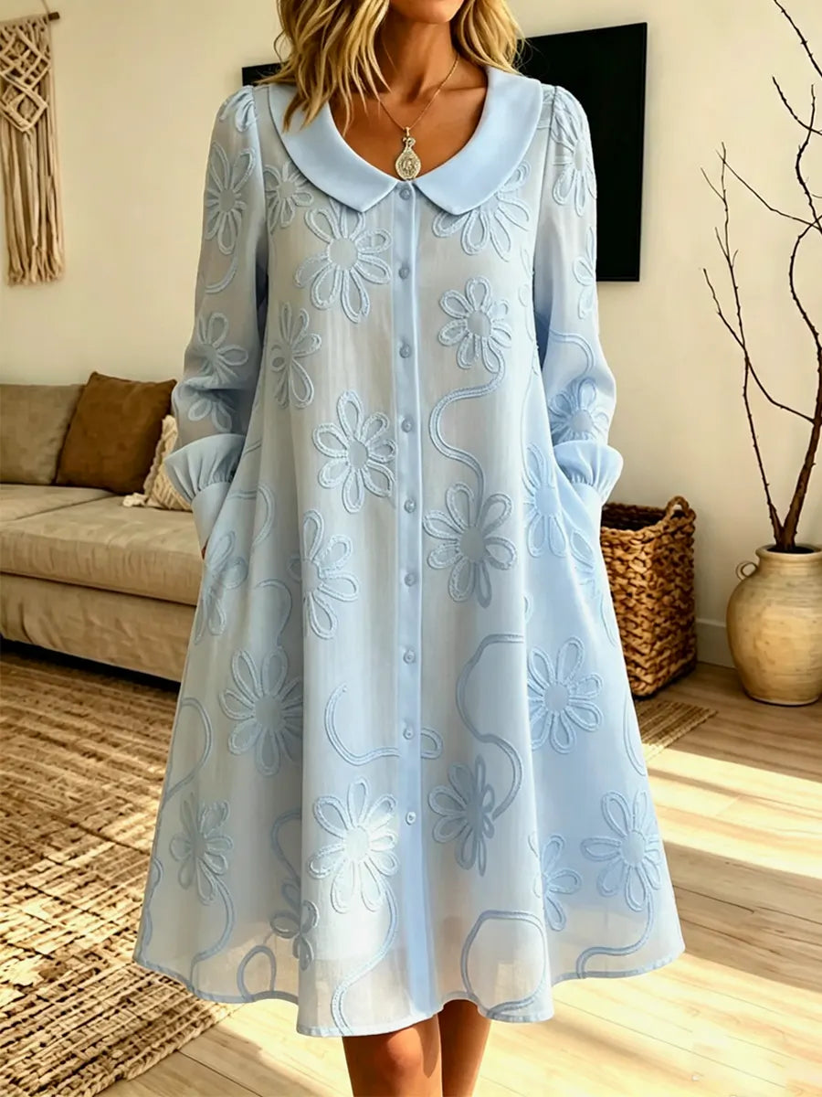 Retro Floral Art Print Casual Stylish Peter Pan Collar Long Sleeve Cotton Midi Dress