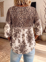 Women's Hollow Lace Spliced Leopard Floral Two-Tone 3/4 Sleeve Blouse