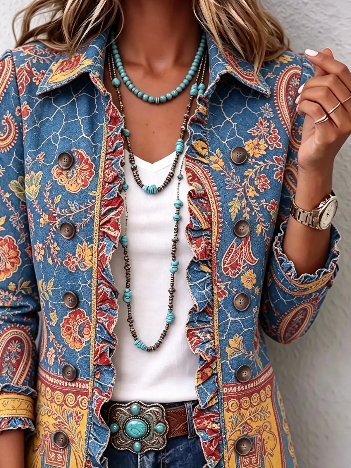 Women's Vintage Paisley Floral Print Ruffle Lapel Casual Blazer Jacket